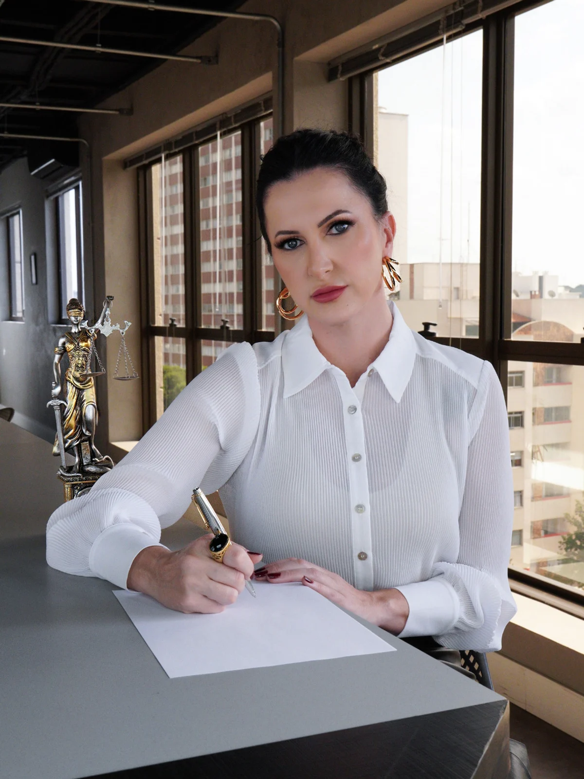 Roumaine Agustini no escritório, assinando um documento